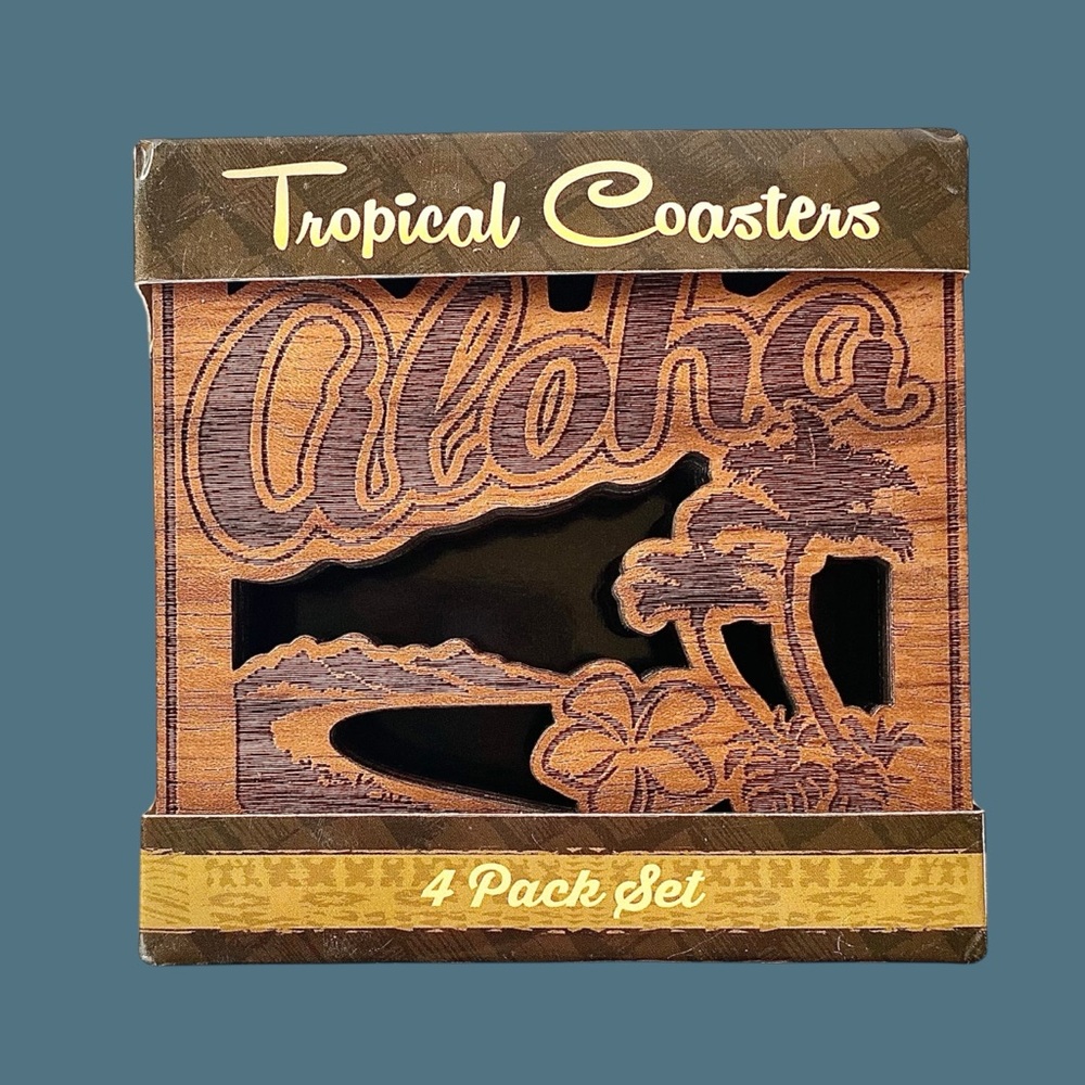 NWT Hawaiian Wood Laser Cut Aloha Coasters Set of 4